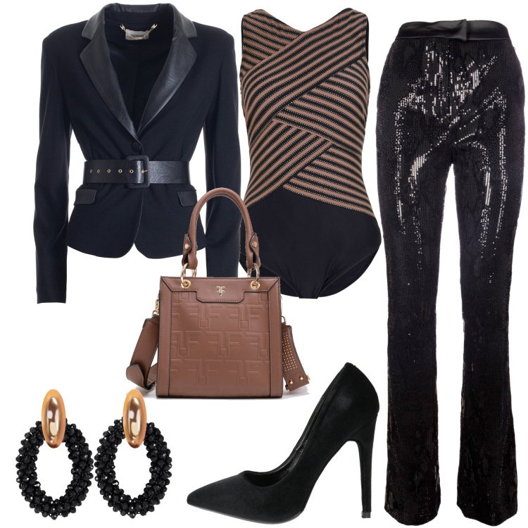 Outfit donna - qualcosa di brillante. Stile Glamour per Serata fuori. Abbinamento con costumi interi, décolleté, orecchini, blazer, pantaloni, borse tote.