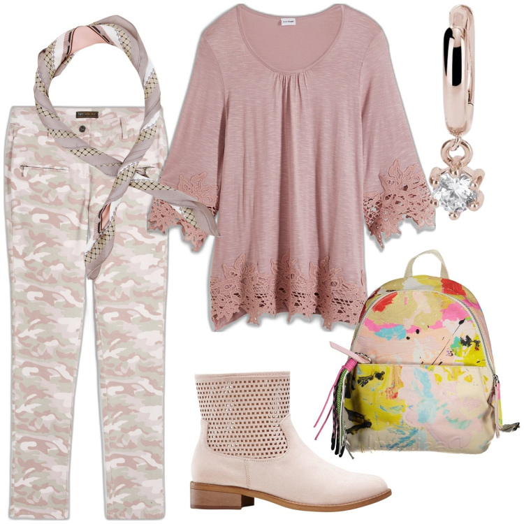 Outfit donna - Con pizzi. Stile Casual per Tutti i giorni. Abbinamento con maglieria, pantaloni, stivaletti, orecchini, foulard, zaini.