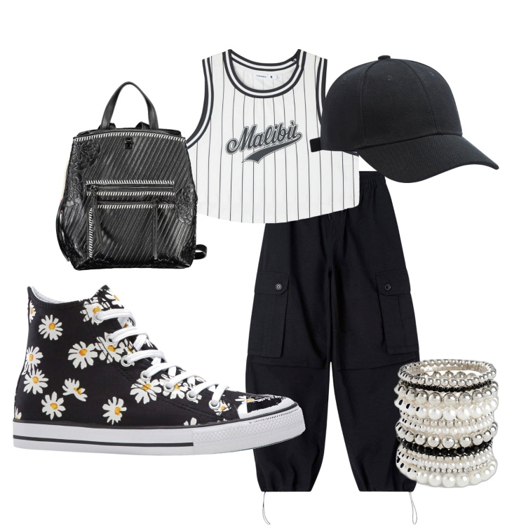Outfit donna - Total look #1857845. Stile Urban Abbinamento con sneakers alte, braccialetti, canottiere, cappelli, pantaloni cargo, zaini.