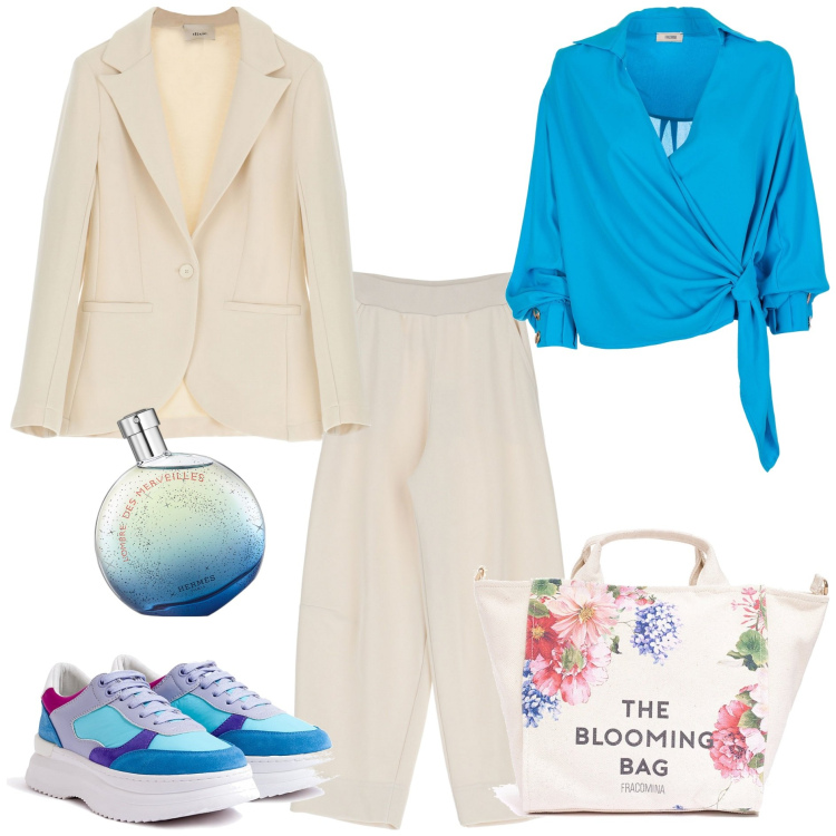 Outfit donna - Il blazer chiaro. Stile Casual chic per Tutti i giorni. Abbinamento con profumi, bluse, borse tote, sneakers, pantaloni, blazer.