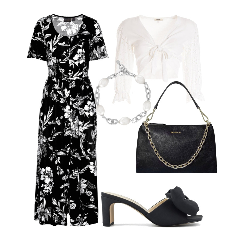 Outfit donna - City. Stile Chic per Tutti i giorni. Abbinamento con vestiti lunghi, pochette, braccialetti, cardigans, sandali col tacco.