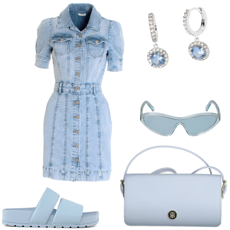 Outfit donna - Il celeste jeans. Stile Casual chic per Tutti i giorni. Abbinamento con orecchini, vestiti chemisier, ciabatte, borse a spalla, occhiali da sole.