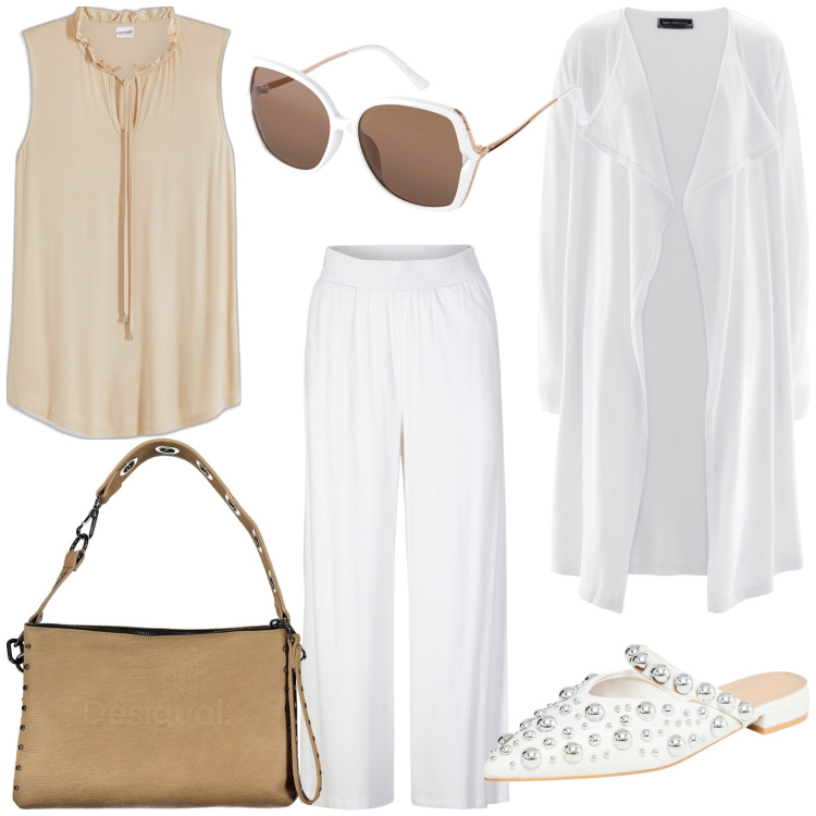 Outfit donna - Minimal chic. Stile Minimal per Tutti i giorni. Abbinamento con pantaloni, cardigans, top, occhiali da sole, ballerine, borse a spalla.