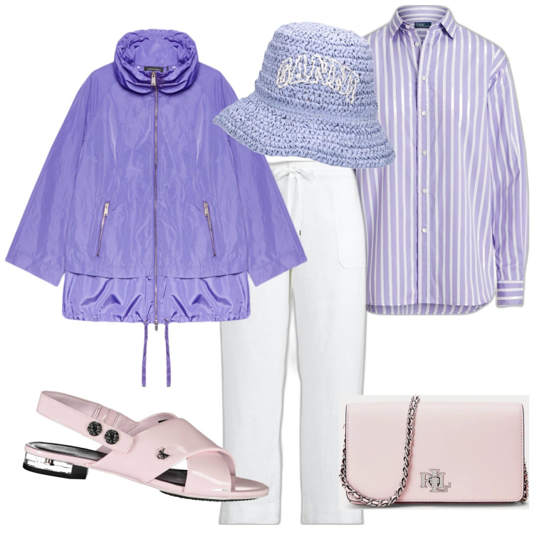 Outfit donna - Per la Città. Stile Casual per Tutti i giorni. Abbinamento con camicie, borse a mano, pantaloni, sandali col tacco, parka, cappelli.