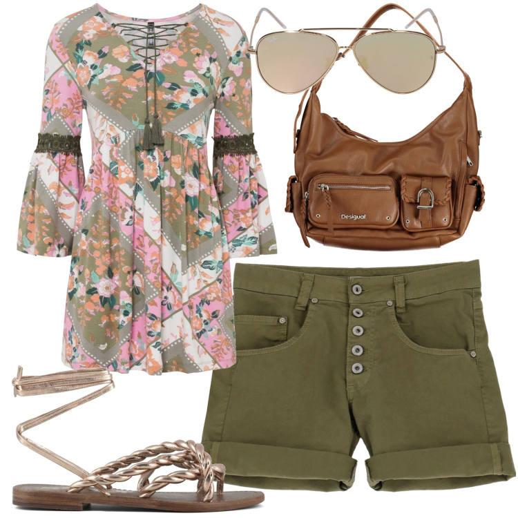 Outfit donna - Coachella. Stile Boho per Serata fuori. Abbinamento con tuniche, shorts, sandali, occhiali da sole, borse a spalla.