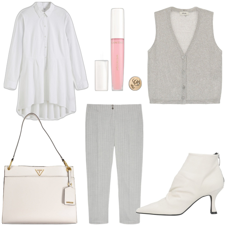 Outfit donna - Minimal curvy. Stile Minimal per Tutti i giorni. Abbinamento con camicie, stivaletti, gloss, gilet, pantaloni, borse a spalla.