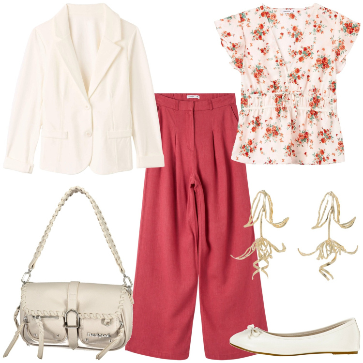 Outfit donna - Il blazer trendy. Stile Trendy per Tutti i giorni. Abbinamento con ballerine, pantaloni, blazer, bluse, orecchini, borse a spalla.