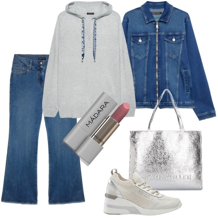 Outfit donna - Total look #1857893. Stile Urban per Tutti i giorni. Abbinamento con sneakers, rossetti, maglieria, shopping bag, blazer, jeans.