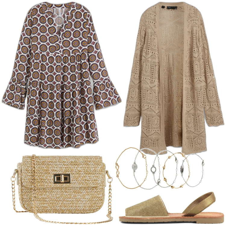 Outfit donna - Boho chic. Stile Boho per Tutti i giorni. Abbinamento con cardigans, braccialetti con ciondoli, vestiti, borse a mano, sandali in pelle.