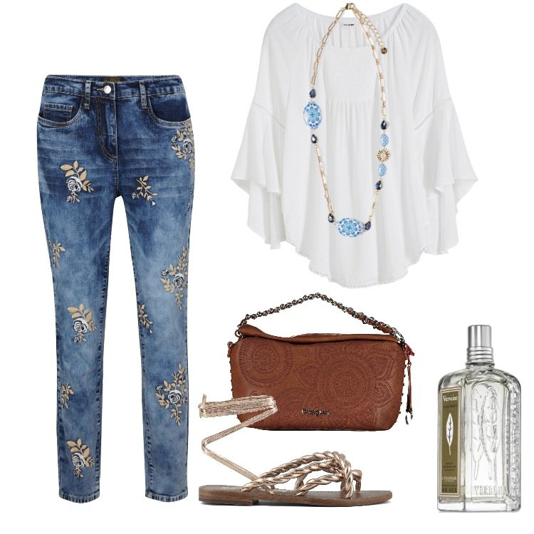 Outfit donna - Total look #1857910. Stile Boho per Tutti i giorni. Abbinamento con jeans, bluse, profumi, ciondoli, sandali, collane.