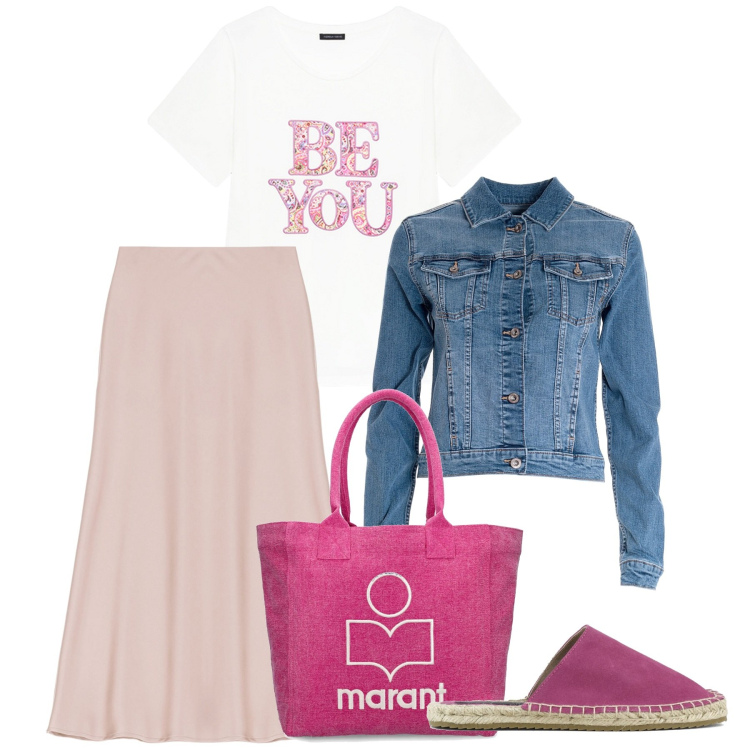 Outfit donna - Be me. Stile Casual per Tutti i giorni. Abbinamento con gonne longuette, giacche, espadrillas, shopping bag, t-shirt.
