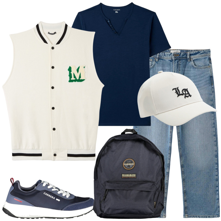 Outfit uomo - Gita in campagna. Stile Trendy per Tutti i giorni. Abbinamento con gilet, t-shirt, jeans, cappelli, scarpe sportive, borse sportive.