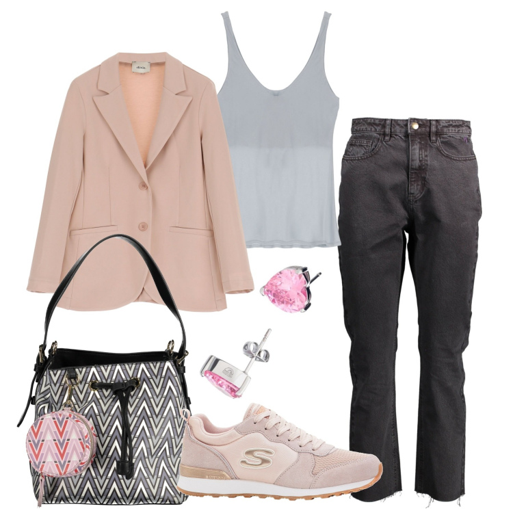 Outfit donna - Blazerissimo. Stile Casual chic per Tutti i giorni. Abbinamento con sneakers, orecchini, blazer, canottiere, jeans, borse a spalla.