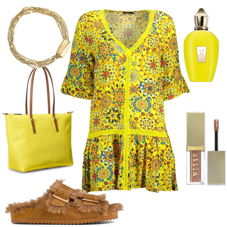 Outfit donna - Estiva. Stile Casual per Tutti i giorni. Abbinamento con braccialetti, profumi, ombretti, borse tote, vestiti corti, ciabatte.