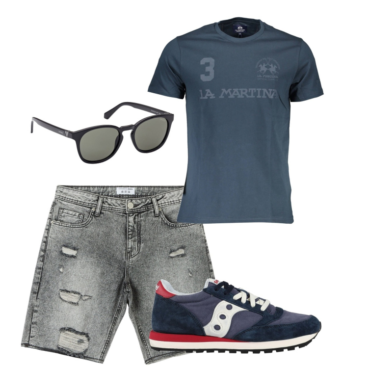 Outfit uomo - City city. Stile Urban per Tutti i giorni. Abbinamento con sneakers, shorts, t-shirt, occhiali da sole.