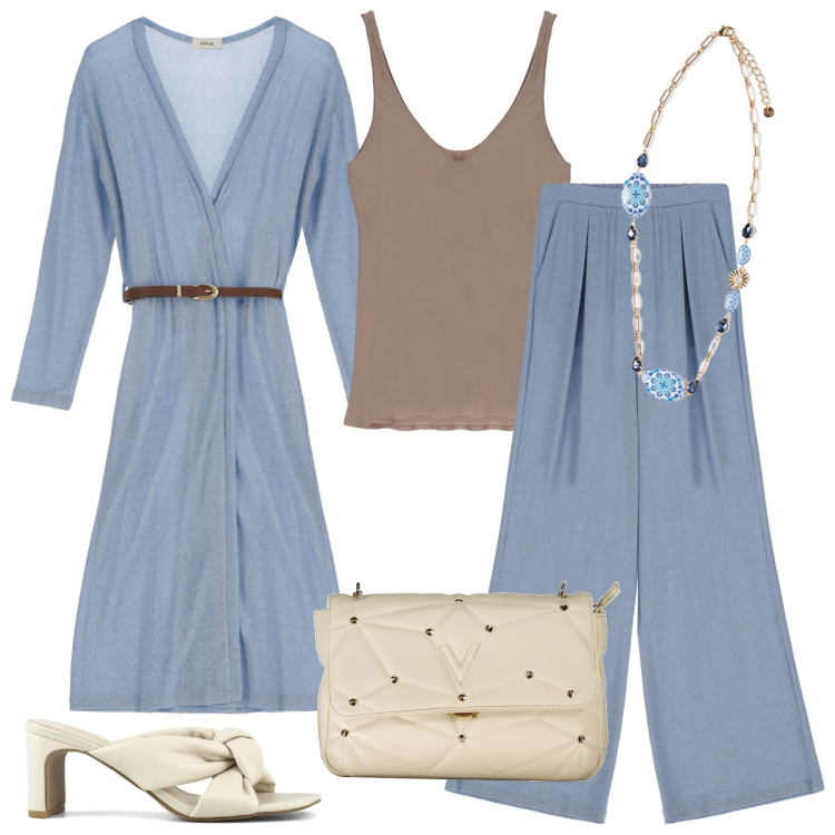 Outfit donna - Azzurro cenere. Stile Basic per Cerimonia. Abbinamento con pantaloni a palazzo, trench, canottiere, sandali col tacco, ciondoli, borse a tracolla.