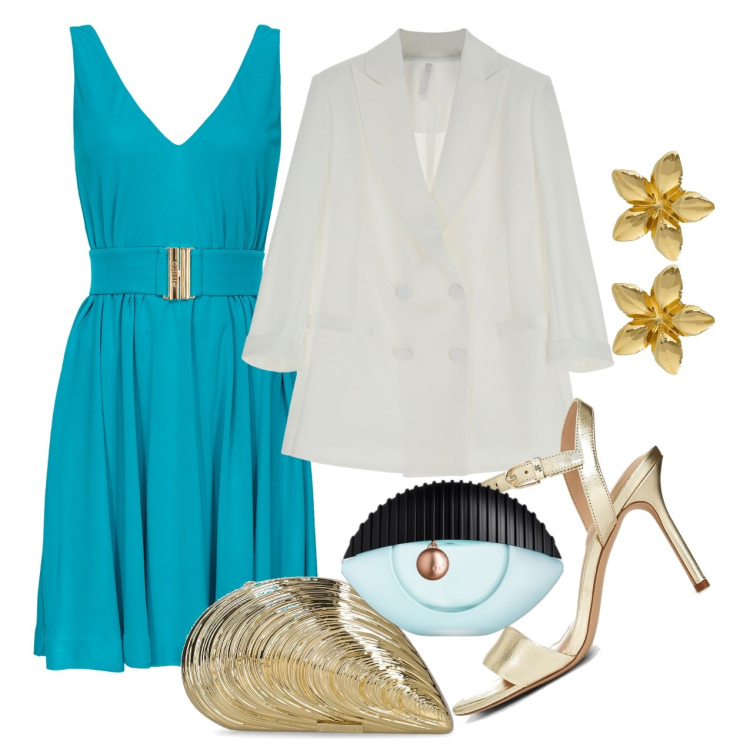 Outfit donna - Matrimonio al mare. Stile Chic per Cerimonia. Abbinamento con profumi, vestiti corti, blazer, sandali in pelle, pochette, orecchini.