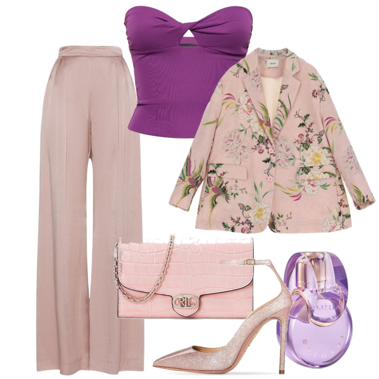 Outfit donna - Linee ampie. Stile Chic per Cerimonia. Abbinamento con profumi, borse a tracolla, blazer, décolleté, pantaloni, top.