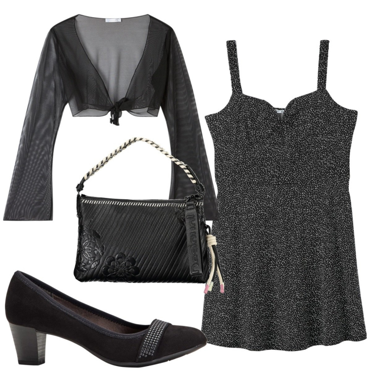 Outfit donna - Total look #1857961. Stile Trendy per Serata fuori. Abbinamento con décolleté, vestiti midi/longuette, bolero, borse a spalla.