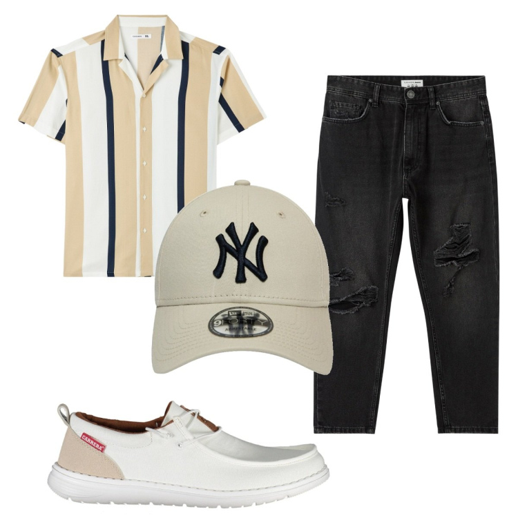 Outfit uomo - Total look #1857965. Stile Trendy per Tutti i giorni. Abbinamento con jeans strappati, camicie a manica corta, scarpe stringate, cappelli con visiera.