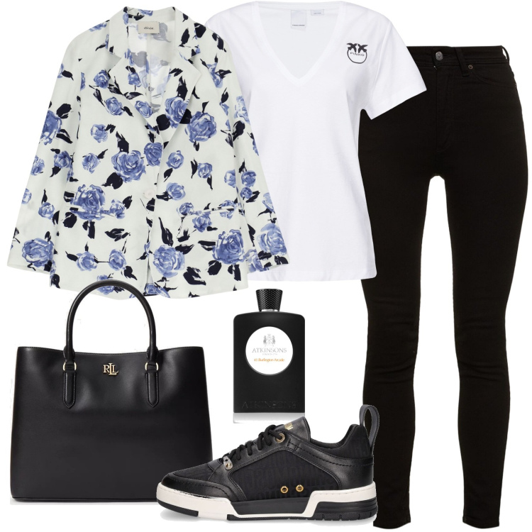 Outfit donna - Trendy style. Stile Trendy per Tutti i giorni. Abbinamento con profumi, t-shirt, blazer, borse a mano, jeans skinny, sneakers.