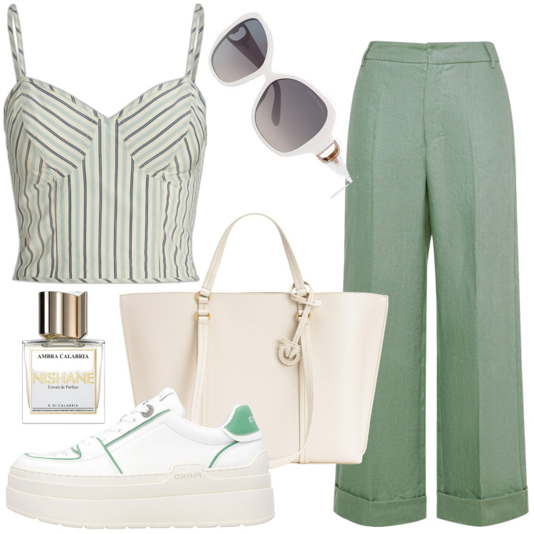 Outfit donna - In centro. Stile Casual per Tutti i giorni. Abbinamento con profumi, sneakers, shopping bag, occhiali da sole, camicie, pantaloni.