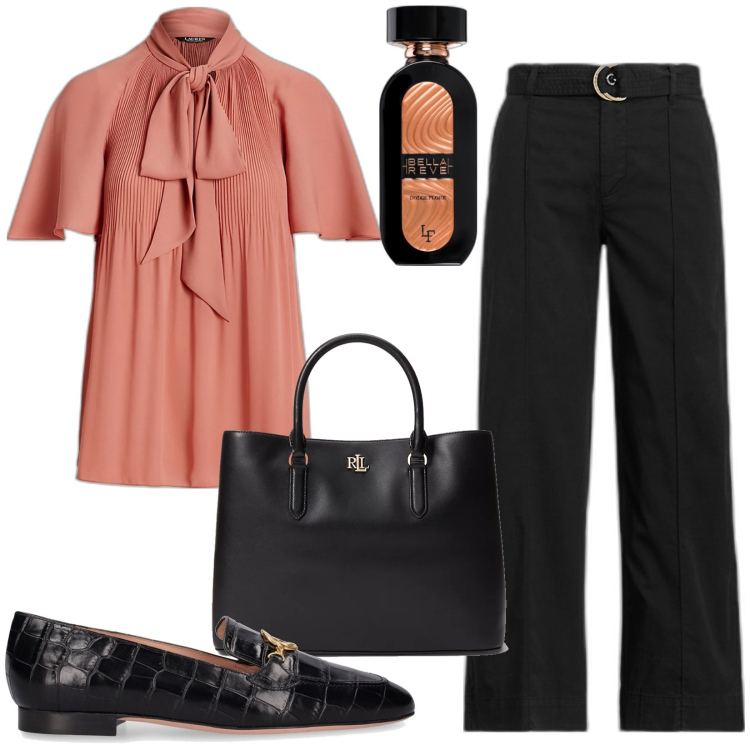 Outfit donna - In ufficio. Stile Chic per Ufficio. Abbinamento con profumi, borse a mano, camicie, pantaloni, mocassini.