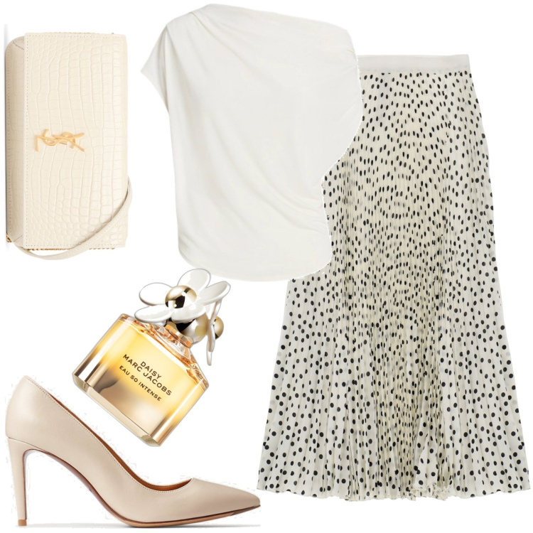 Outfit donna - Semplice e chic. Stile Chic per Tutti i giorni. Abbinamento con profumi, gonne longuette, décolleté, top, borse a spalla.