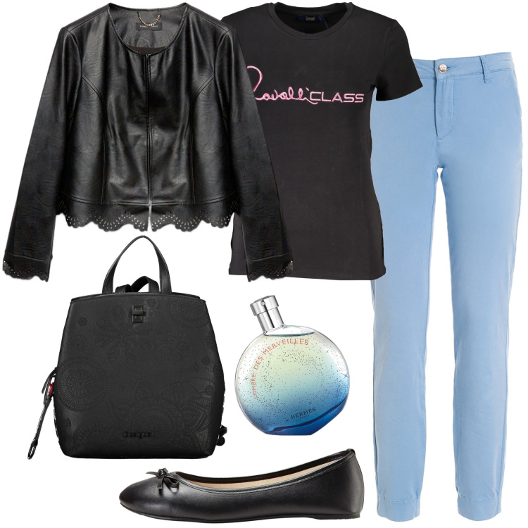 Outfit donna - In centro città. Stile Basic per Tutti i giorni. Abbinamento con ballerine, profumi, pantaloni, t-shirt, blazer, zaini.
