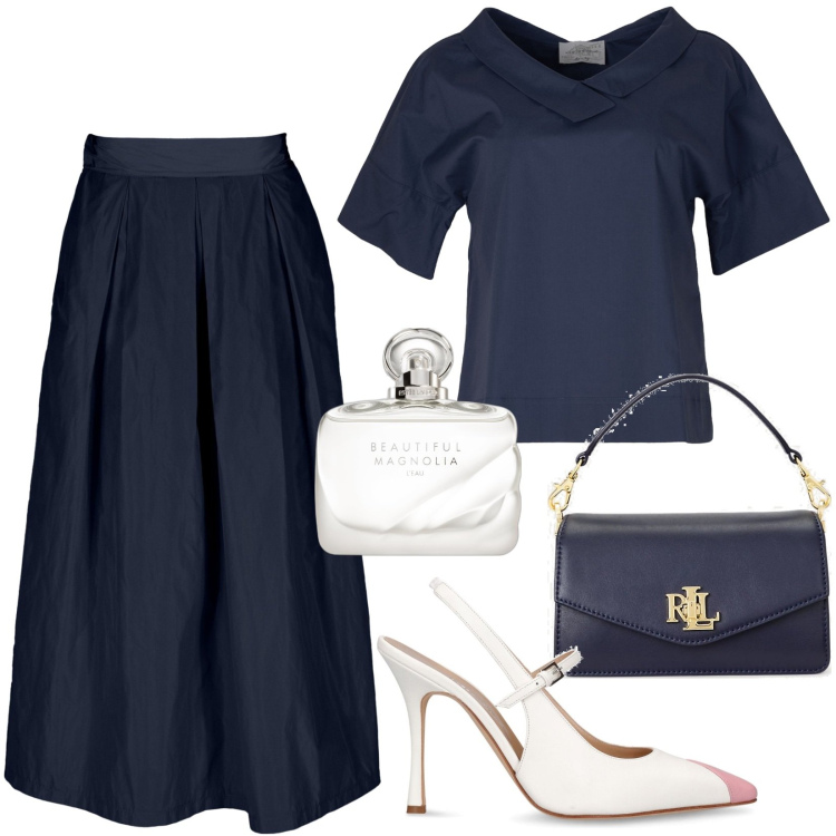 Outfit donna - In città. Stile Chic per Tutti i giorni. Abbinamento con profumi, borse a tracolla, gonne, bluse, décolleté.