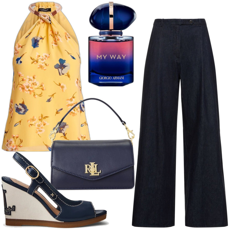 Outfit donna - Profumo primaverile. Stile Casual chic per Tutti i giorni. Abbinamento con profumi, top, borse a tracolla, sandali in pelle, pantaloni.