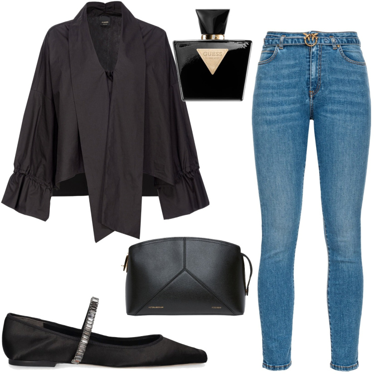 Outfit donna - In città. Stile Casual per Tutti i giorni. Abbinamento con profumi, jeans, bluse, ballerine, clutch.