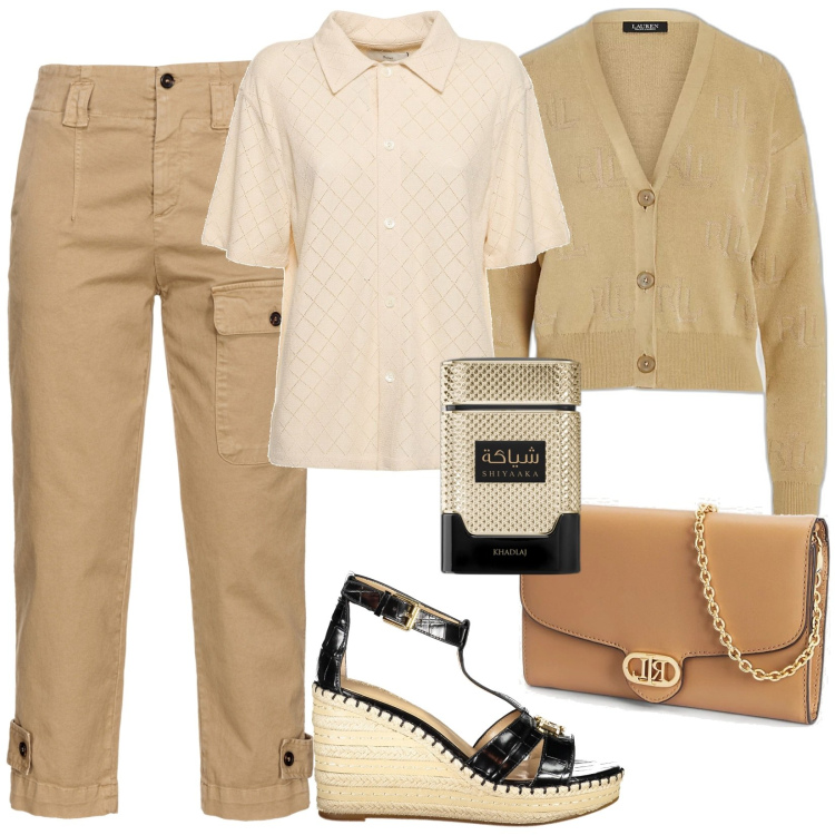 Outfit donna - Toni caldi. Stile Casual per Tutti i giorni. Abbinamento con profumi, pantaloni cargo, cardigans, borse a tracolla, sandali, camicie.
