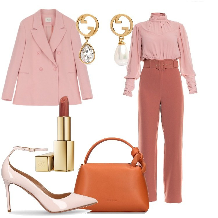 Outfit donna - Una serata elegante. Stile Chic per Serata fuori. Abbinamento con rossetti, tute, blazer, décolleté, borse a mano, orecchini.