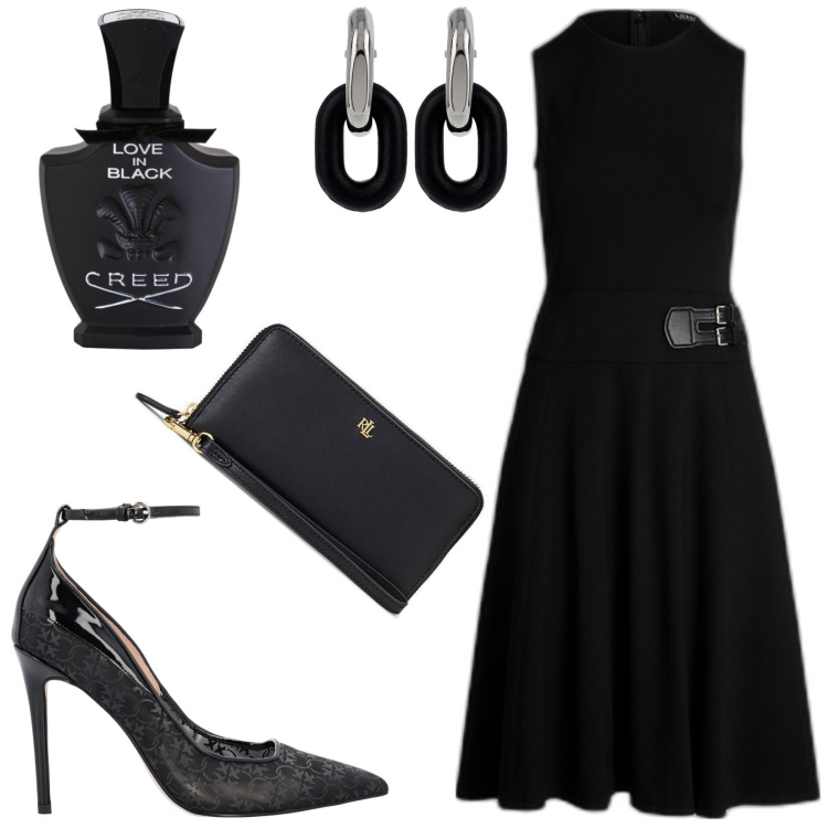 Outfit donna - In black. Stile Chic per Tutti i giorni. Abbinamento con profumi, décolleté, vestiti senza maniche, pochette, orecchini.