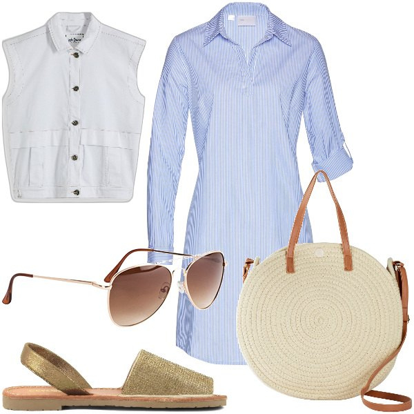 Outfit donna - Total look #1858024. Stile Sporty chic per Serata fuori. Abbinamento con occhiali da sole, vestiti chemisier, shopping bag, gilet, sandali in pelle.