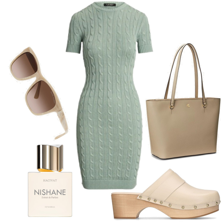 Outfit donna - Toni rilassanti. Stile Casual per Tutti i giorni. Abbinamento con profumi, borse tote, occhiali da sole, vestiti, ciabatte.