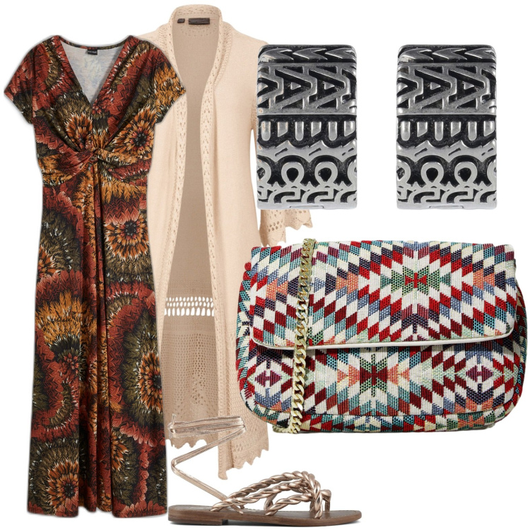 Outfit donna - Boho style n.2. Stile Boho per Tutti i giorni. Abbinamento con vestiti lunghi, cardigans, pochette, sandali, orecchini.