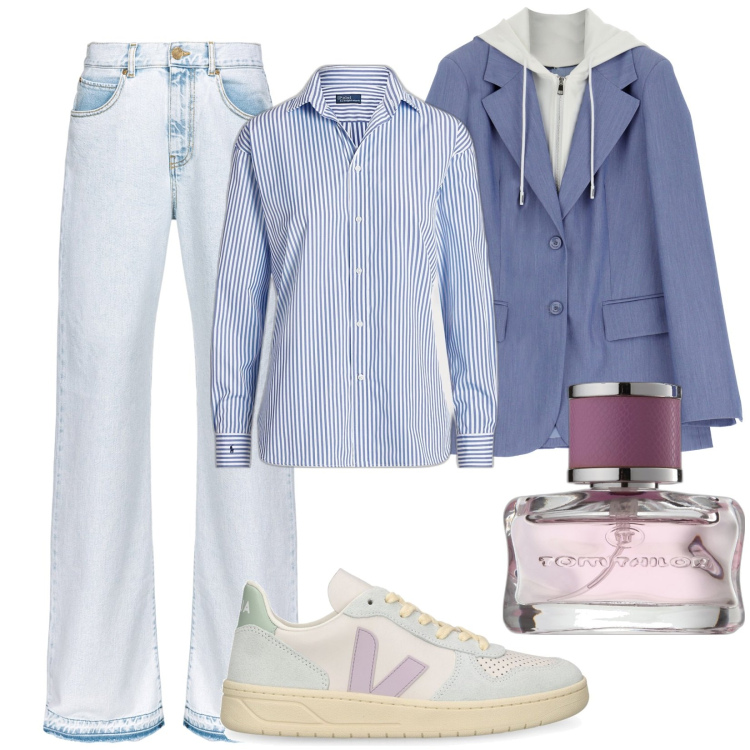 Outfit donna - Mai senza profumo. Stile Basic per Tutti i giorni. Abbinamento con profumi, jeans a zampa, blazer, camicie, sneakers.