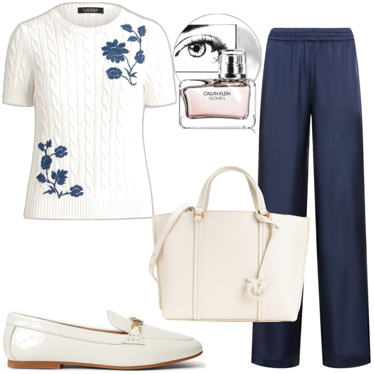 Outfit donna - Blu navy e vaniglia. Stile Casual per Ufficio. Abbinamento con profumi, shopping bag, mocassini, maglieria, pantaloni.