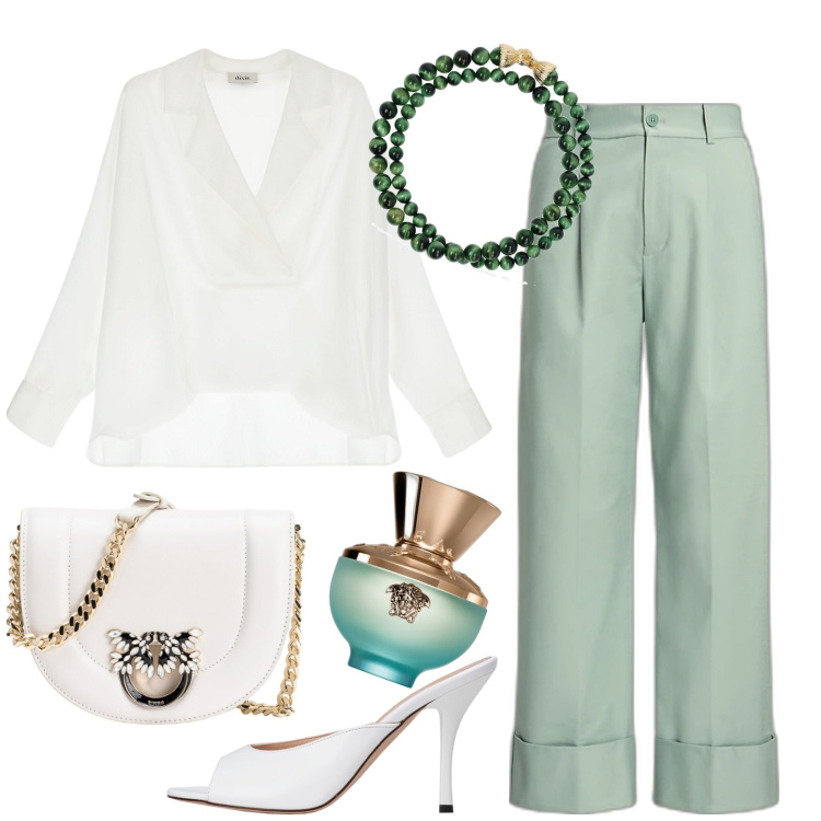 Outfit donna - Sera di primavera. Stile Casual chic per Serata fuori. Abbinamento con profumi, borse a tracolla, sandali in pelle, camicie, pantaloni, collane.