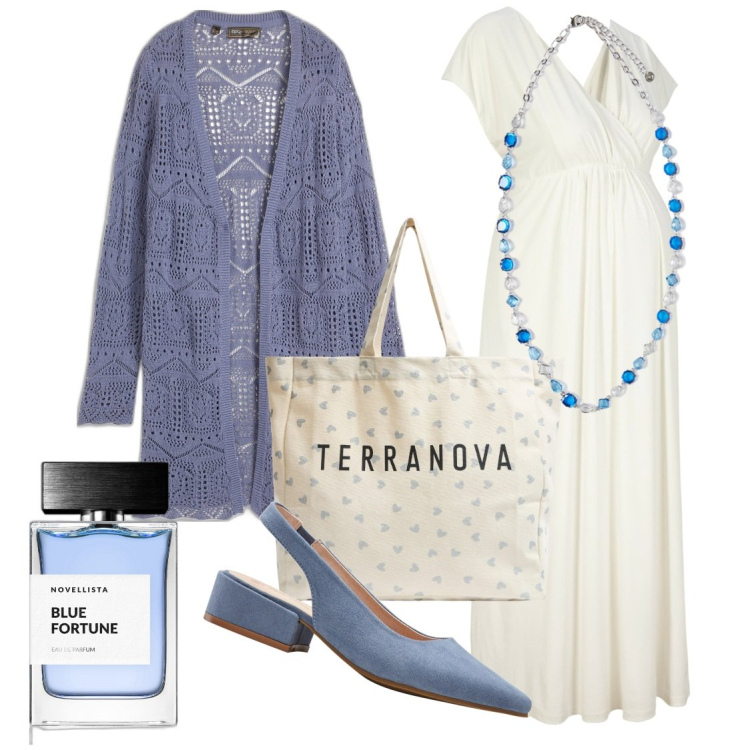 Outfit donna - Aspettando il baby boy. Stile Casual per Tutti i giorni. look ideale per Premaman. Abbinamento con décolleté, cardigans, vestiti lunghi, profumi, shopping bag, collane.