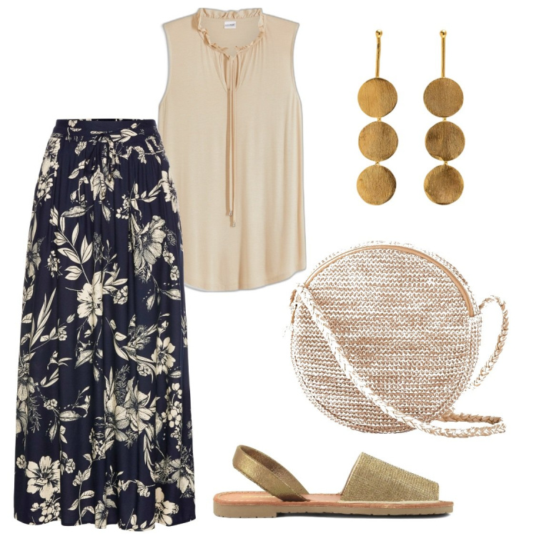 Outfit donna - Chic in stile boho. Stile Boho per Tutti i giorni. Abbinamento con gonne lunghe, top, borse a tracolla, sandali in pelle, orecchini.
