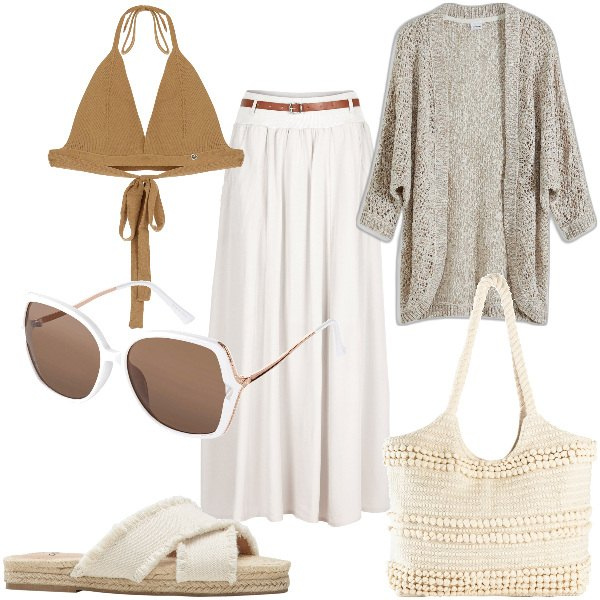Outfit donna - Total look #1858053. Stile Boho per Tutti i giorni. Abbinamento con ciabatte, gonne lunghe, cardigans, occhiali da sole, shopping bag, top.