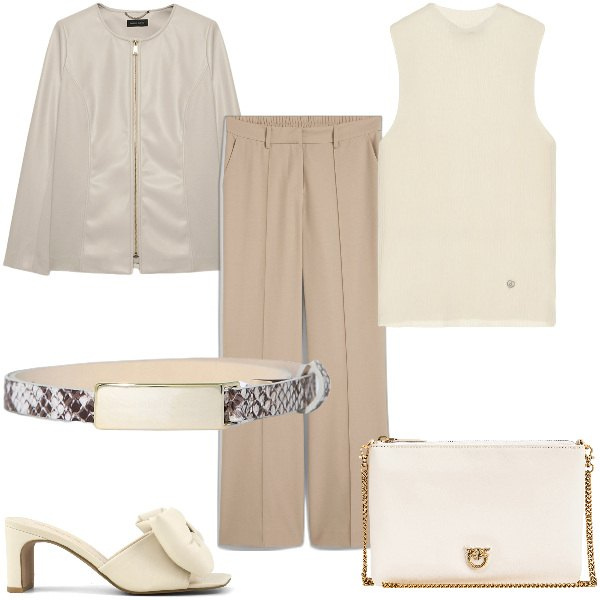 Outfit donna - Total look #1858058. Stile Minimal per Serata fuori. Abbinamento con pantaloni, cinture, borse a tracolla, top, sandali col tacco, blazer.