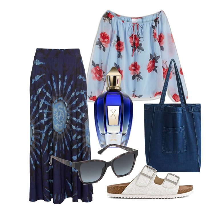 Outfit donna - Boho style primaverile. Stile Boho per Tutti i giorni. Abbinamento con gonne, bluse, profumi, shopping bag, sandali, occhiali da sole.