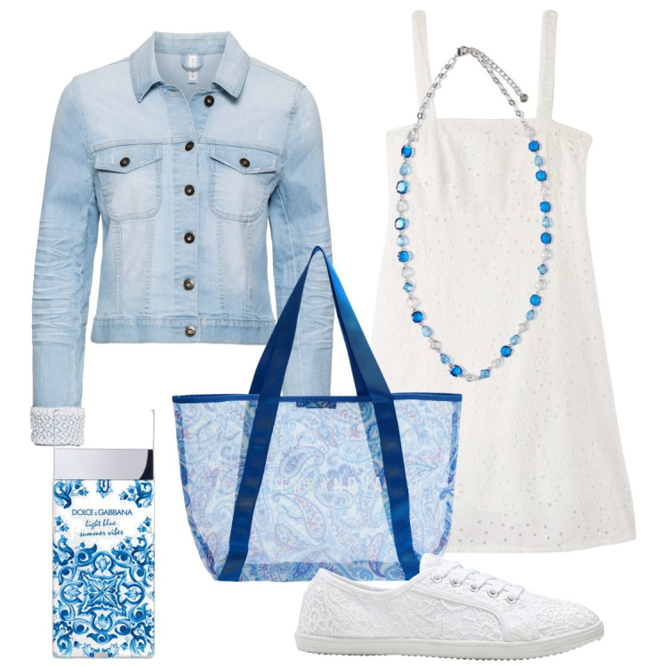 Outfit donna - Vestito corto in sangallo. Stile Casual per Tutti i giorni. Abbinamento con blazer, sneakers, profumi, vestiti corti, shopping bag, collane.