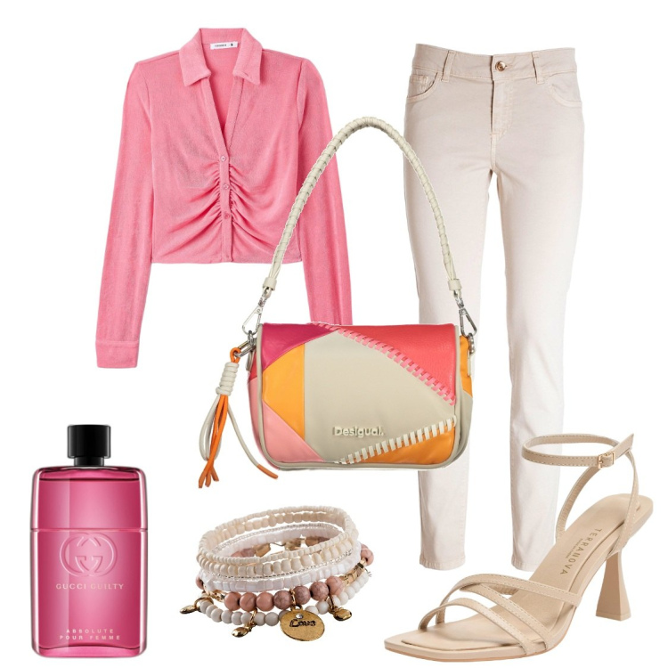 Outfit donna - Semplicità. Stile Casual chic per Tutti i giorni. Abbinamento con braccialetti, profumi, camicie, sandali col tacco, jeans skinny, borse a spalla.