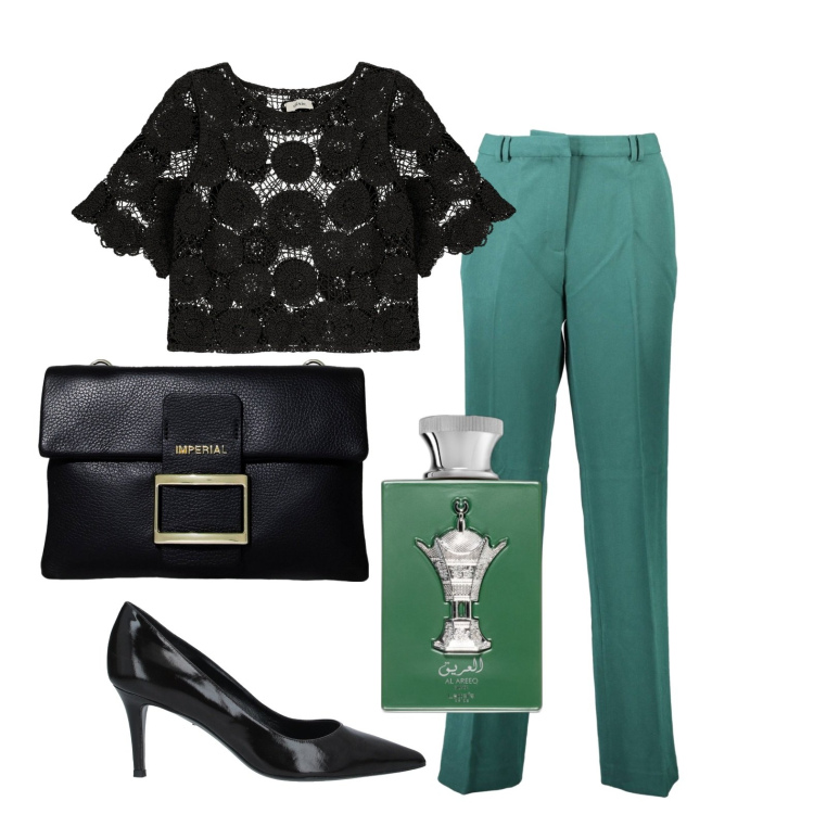 Outfit donna - Minimal chic curvy. Stile Minimal per Serata fuori. Abbinamento con décolleté, profumi, pochette, maglieria, pantaloni.
