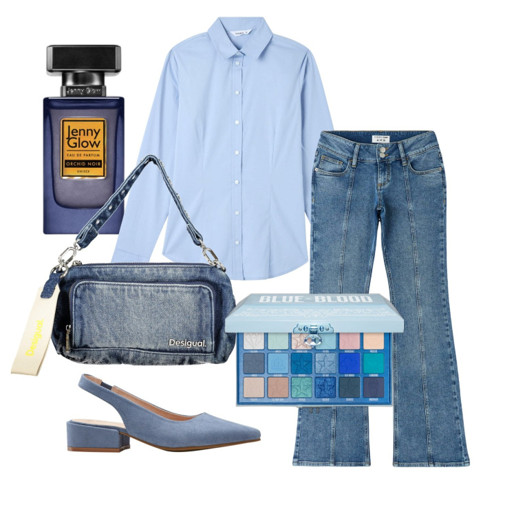 Outfit donna - Azzurro cenere e jeans. Stile Casual per Tutti i giorni. Abbinamento con décolleté, ombretti, profumi, jeans a zampa, camicie, borse a spalla.